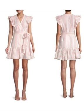 Rebecca Taylor Linen Yarn Dyed Wrap Dress Cream & Red Women's 4